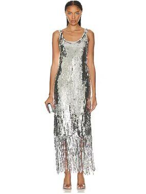 SIMKHAI Ayala Gown Silver Sequin Fringe Dress NWT  - Size 2